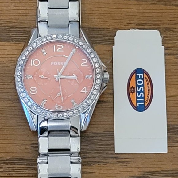 ❣️HP❣️ FOSSIL Riley mult-function coral dial stainless steel ladies watch. NWOT - Picture 2 of 9